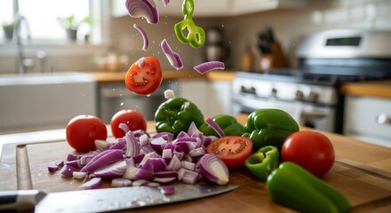 Fresh ingredients ready for cooking salad preparation with flying sliced vegetables and kitchen background healthy eating and organic lifestyle
