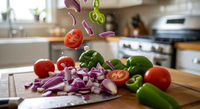 Fresh ingredients ready for cooking salad preparation with flying sliced vegetables and kitchen background healthy eating and organic lifestyle - Powered by Adobe