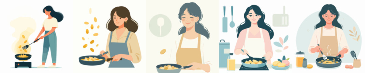 vector woman fried potatoes