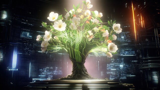 Futuristic tech tree: blossom of nature and technology in digital art
