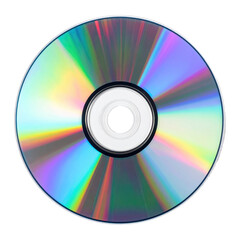 A compact disc with rainbow sheen and a white center is displayed in a centered view, showing its reflective surface; pure white background