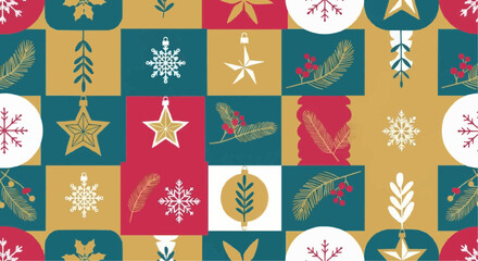 Colorful christmas pattern with snowflakes stars and ornaments in a festive arrangement design