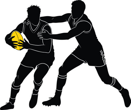 Two male athletes playing Australian rules football in silhouette, australian rules football, football, sport, athletes, men, male, players, game, action, competition, teamwork, running, kicking, tack