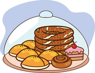 Vector illustration of bagel cake cookie snacks.
