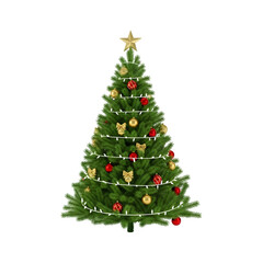 Lush green Christmas tree branches adorned with festive, ornate holiday decorations. Ideal for upscale winter and Christmas designs. Isolated on white or transparent background. PNG format.