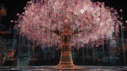 Futuristic digital tree with illuminated network branches in a virtual landscape