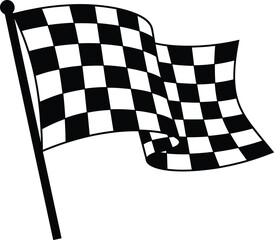 Naklejka premium Black and white checkered racing flag waving on pole, checkered flag, racing flag, finish line, start line, motorsport, speed, competition, victory, win, black and white, graphic, symbol, sports, race