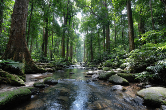 Tranquil forest stream flowing through lush green foliage