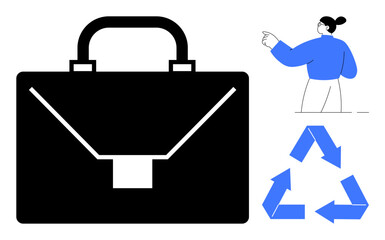Black briefcase, blue recycling sign, and individual gesturing forward. Ideal for sustainability, business strategy, eco-friendly practices, leadership, career development, recycling initiatives