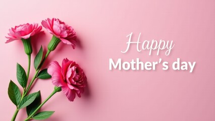 A bouquet of pink flowers on a pink background with 'Happy Mother's Day' written in bold letters