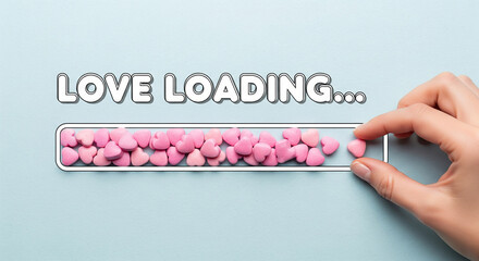 Hand placing the last pink heart candy into a loading bar graphic that reads love loading against a light blue background