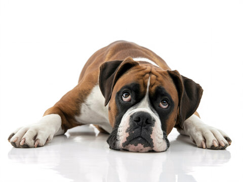 Adorable boxer dog looking up with soulful eyes on white background, perfect pet portrait for animal lovers and heartwarming content, copy space available
