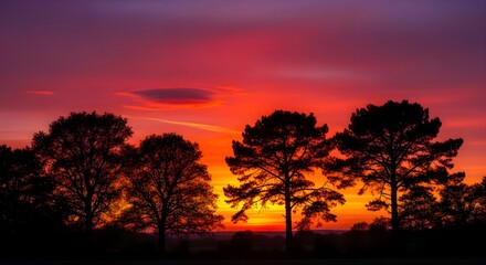 Fototapeta premium Dramatic Silhouette of Trees Against Fiery Red and Orange Sunset Sky