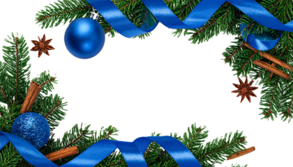 Realistic Christmas Garland Top Corner Frame Element with Blue Glossy Baubles and Pine Cones, Isolated - Cut Out