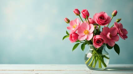 A decorative arrangement of pink flowers sits atop a wooden table