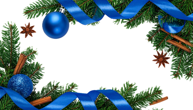 Realistic Christmas Garland Top Corner Frame Element with Blue Glossy Baubles and Pine Cones, Isolated - Cut Out