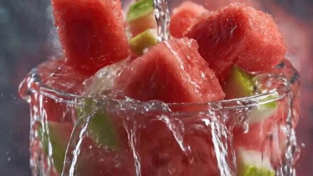 A refreshing close-up shot captures crystal clear water being dynamically poured over vibrant red watermelon chunks nestled in a transparent glass container. Dynamic splashes and ripples surround the 