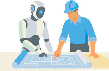 Futuristic collaboration between engineer and robot reviewing blueprints, planning construction projects with advanced AI, perfect for innovation themes