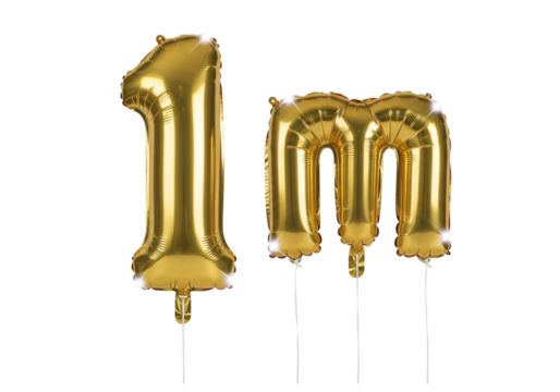 Golden foil balloons spelling out 1m isolated on transparent background - Powered by Adobe