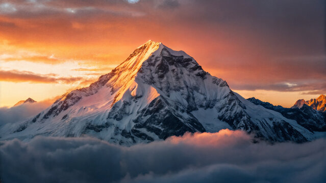 Snow-covered mountain peak. sunset in the mountains - Powered by Adobe