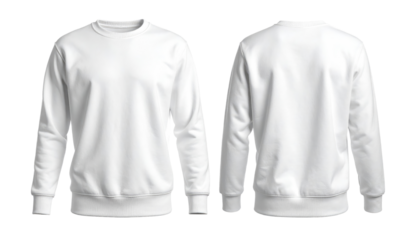 White crewneck sweatshirt, front and back views, isolated on a white background, presented as a png with transparency