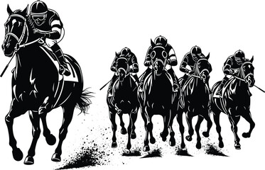 Five Black Horse Racers with Jockeys in Motion horse racing, horse racing, jockey, horses, race, competition, sport, speed, action, black and white, silhouette, illustration, graphic, dynamic, movemen