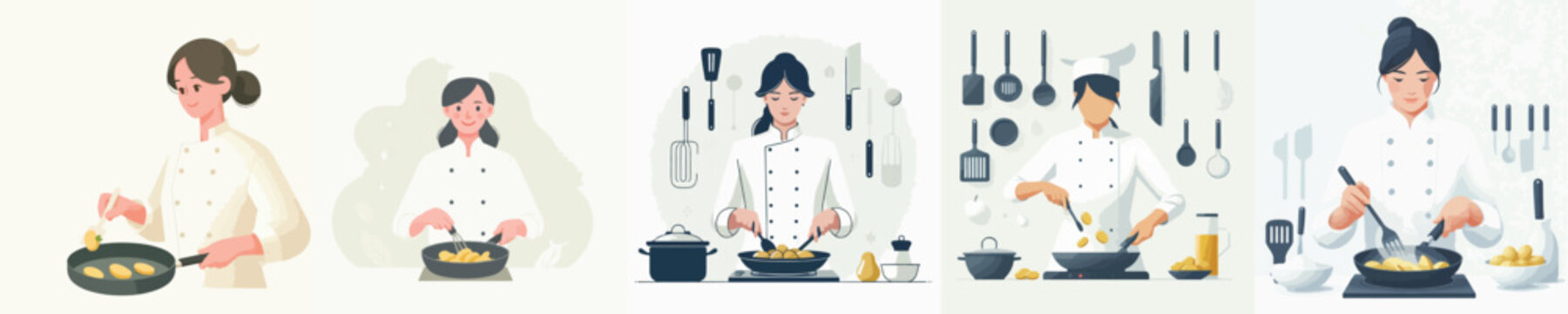female chef frying potatoes vector