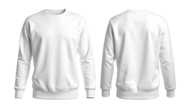 White crewneck sweatshirt, front and back views, isolated on a white background, presented as a png with transparency