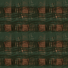 Dark earthy ochre vector seamless plaid background pattern. Geometric check print in cozy warm colors. Modern brushstroke check blend. Woven print checkered backdrop for textile, web.