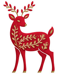 Bright red and gold watercolor reindeer with floral accents for festive Christmas decorations and holiday celebrations