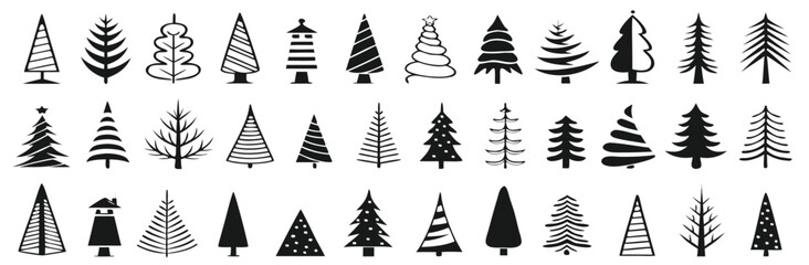 Christmas tree logo collection. Pine, spruce tree icon for Christmas and New Year holiday. Set of various Christmas tree silhouettes
