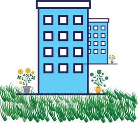 Blue building with plant life