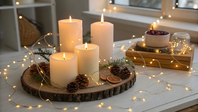 Warm and cozy christmas holiday decoration featuring four lit pillar candles on a rustic wood slice surrounded by fairy lights