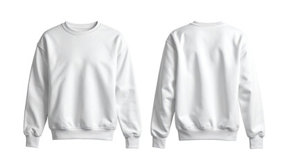 White crew neck sweatshirt, front and back views, symmetrically displayed, isolated on a white background, transparent background