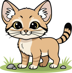 Cute Sand Cat (Felis Margarita) Standing On Grass, Desert Wild Cat Animal Character Clipart Isolated On Transparent Background