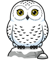Cute Snowy Owl (Bubo Scandiacus) Perching On Rock, White Arctic Bird Animal Character Clipart Isolated On Transparent Background