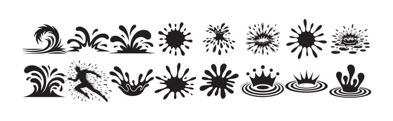 Assortment of black water splashes, waves, and ripples depicting various fluid actions