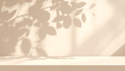 Minimalist luxury room podium on pastel light beige background with natural sunlight shadow. Mock up for presentation of products backdrop 