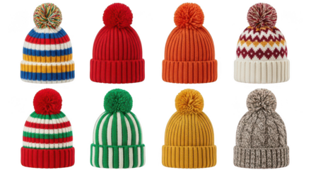 Collection of eight knitted winter hats isolated on transparent background