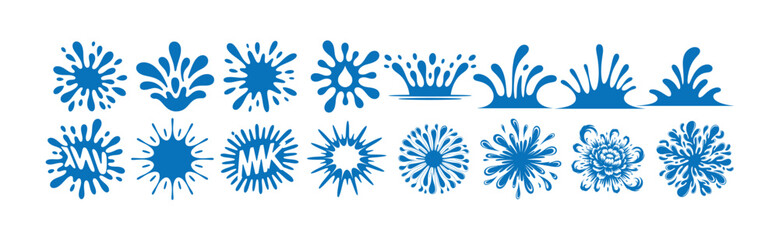 Set of blue splash icon elements liquid drops and splatters water waves vector illustration