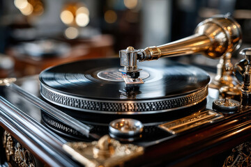 Vintage gramophone playing a classic record in a warmly lit antique shop