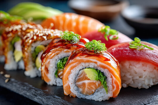 Close Up of Assorted Sushi Rolls on Slate