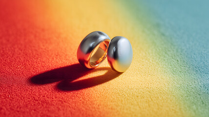 Obraz premium Metallic wedding rings on vibrant rainbow gradient background