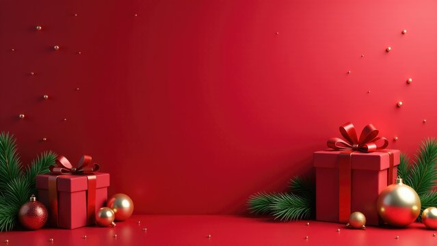 Christmas decorations and presents on a bright red background - Powered by Adobe