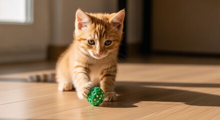 Playful Kitten Chasing Toy Ball in Sunlit Living Room, Photography, Home Environment, Candid Moment