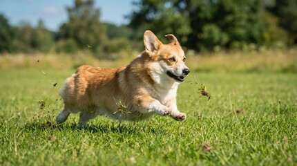 Corgi Running in a Field, Playful Dog Action, Sunny Nature Environment, Outdoor Photography