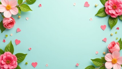 A colorful arrangement of pink flowers and hearts on a bright blue background