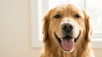 Joyful Golden Retriever Dog Portrait Indoors, Captured in Natural Light, Cozy Home Setting