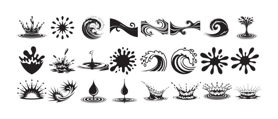 Fototapeta premium Large collection of black water splash shapes and ripple effects set isolated on white background