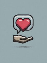 Hand holding glowing heart inside speech bubble on soft textured backdrop for social kindness design, and mental health visuals, Textured minimal kindness icon with supportive hand and glowing heart